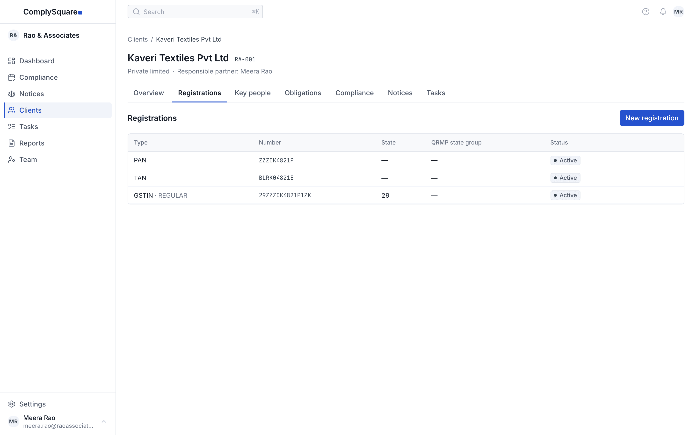 A client record on its Registrations tab, showing the PAN, TAN and GST registrations the compliance engine derives that client's obligations from
