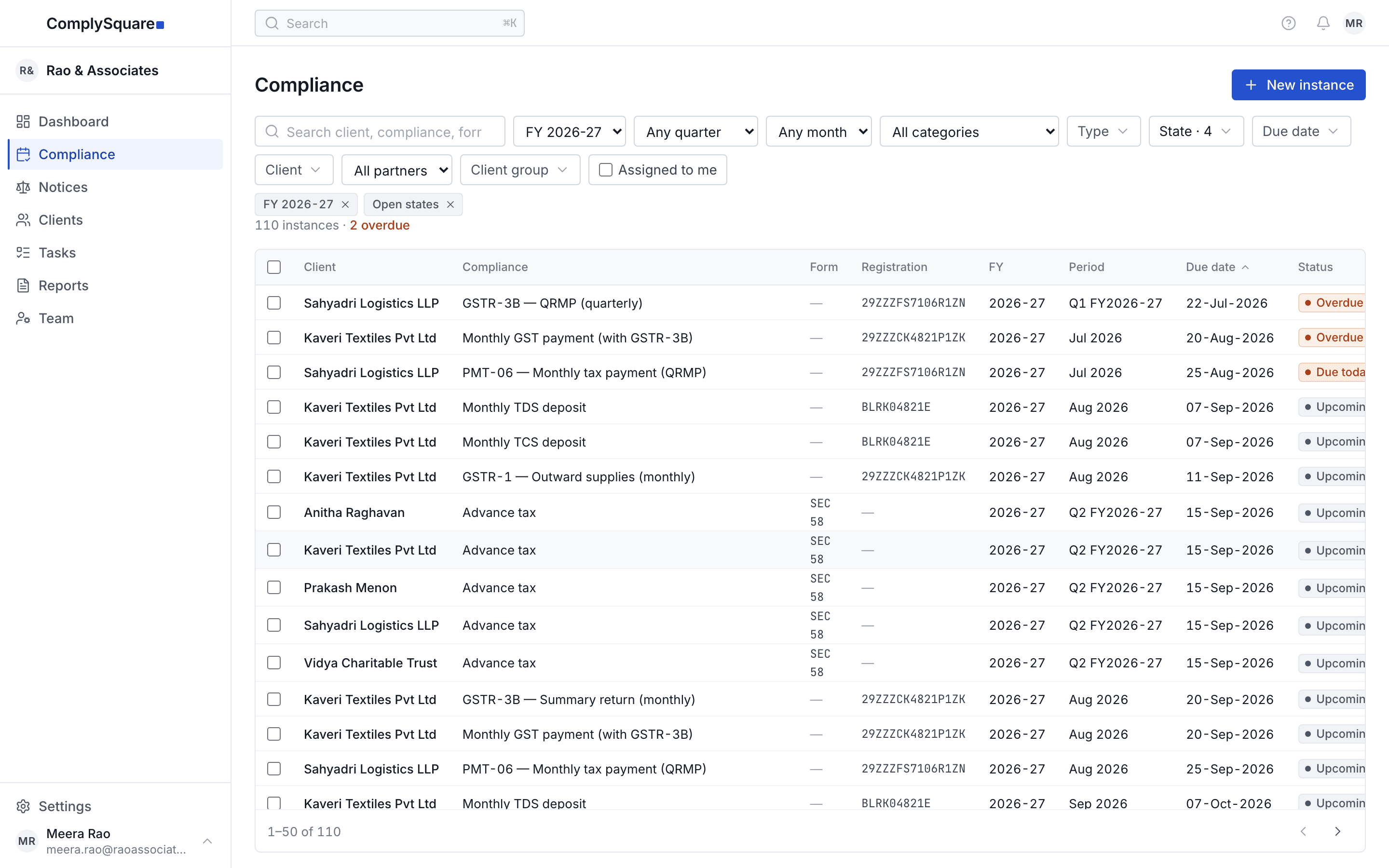 The compliance tracker filtered to one financial year, showing each obligation with its due date, status and assignee